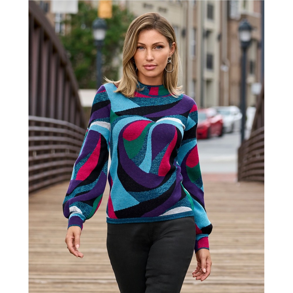 Boston Proper Women's S Abstract Jacquard Mock Neck‎ Sweater metallic geometric